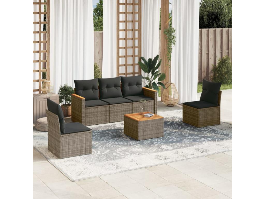 6-piece garden furniture set with grey resin wicker cushions IKWU19743