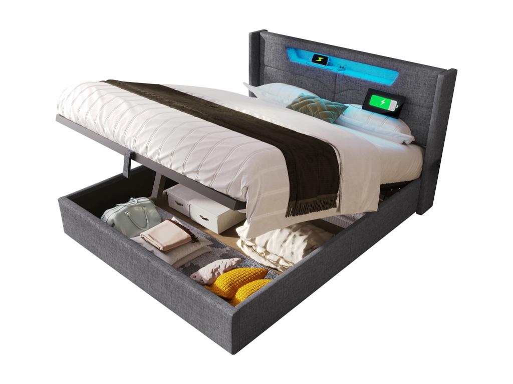 Adult storage bed 140x200 cm with headboard - USB Nobellea C LEDs - linen fabric - grey SUVX32314
