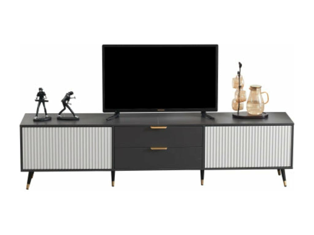 Grey and white TV stand - 2 drawers, 2 doors, 115cm diameter x 17.5cm high, WDTQ26543