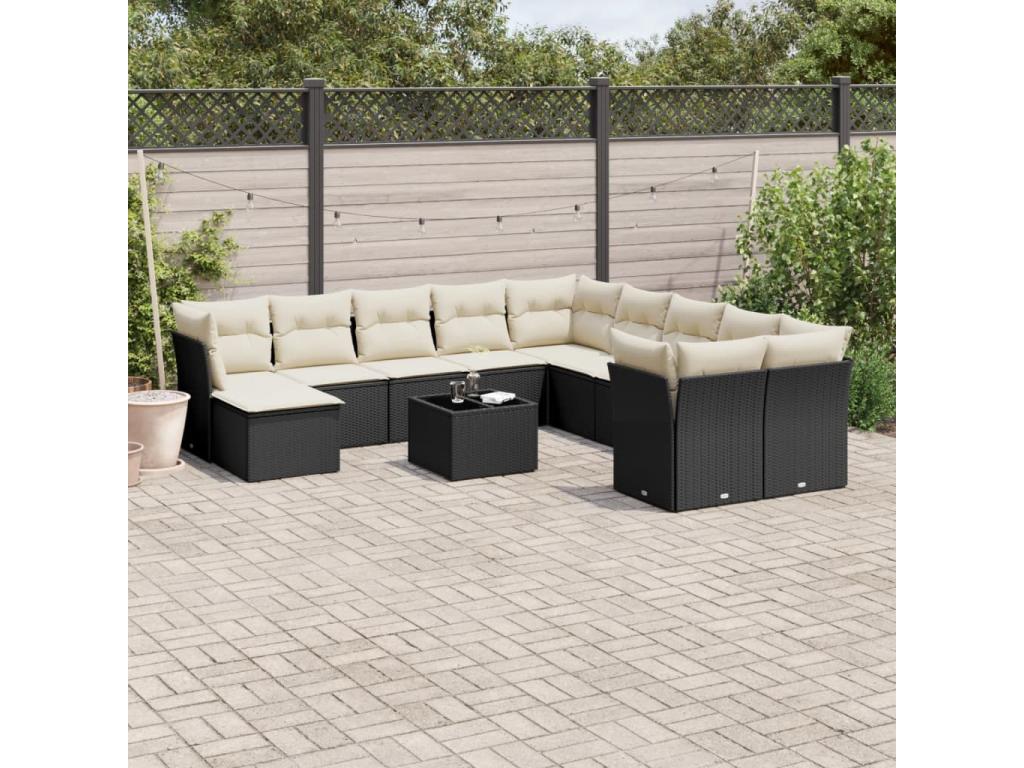 12-piece garden furniture set with cushions, black woven resin TNDY40326