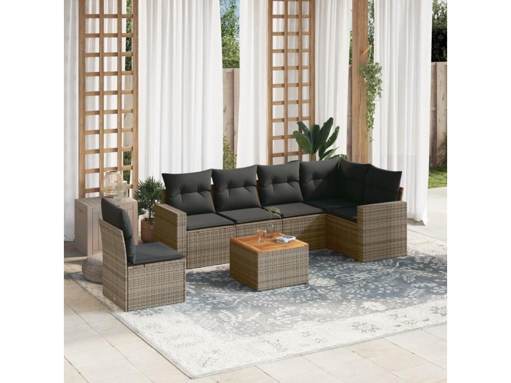 Garden furniture set with cushions, 7 pieces, grey woven resin DQFK98592