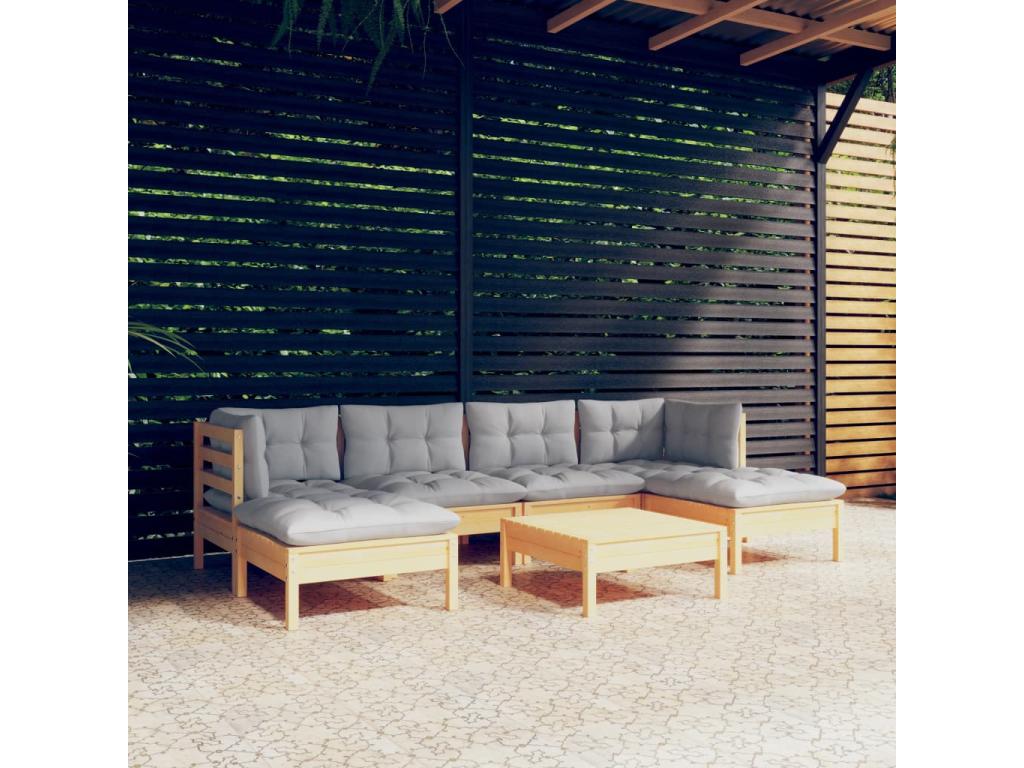 7-piece garden furniture set with grey pine wood cushions YVHT84249
