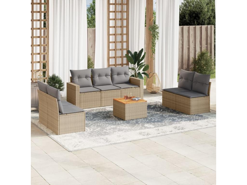 8-piece garden furniture set with cushions, beige woven resin CUZO75924