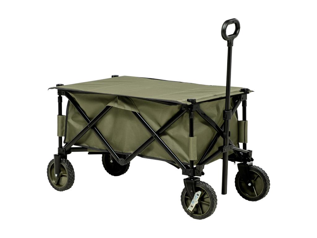 Folding garden trolley with 4 wheels - removable cover, adjustable telescopic handle, 5 storage pockets - steel, polyester, khaki EQZE70294
