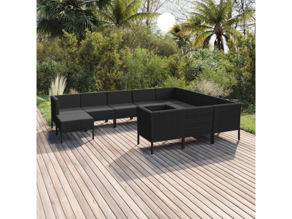 11-piece garden furniture set with cushions, black wicker resin, QEUU27902