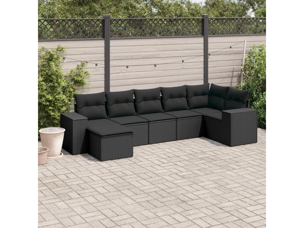 7-piece garden furniture set with cushions, black woven resin QQOK14614