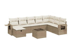 9-piece garden furniture set with cushions, beige woven resin GFDV19711
