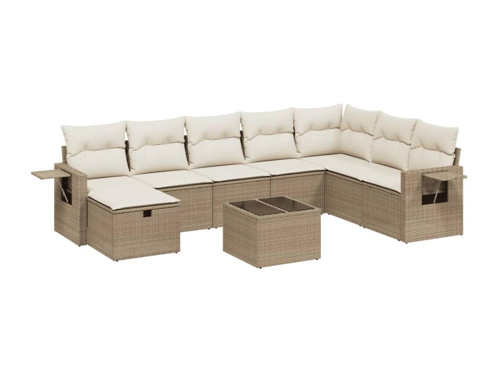 9-piece garden furniture set with cushions, beige woven resin GFDV19711