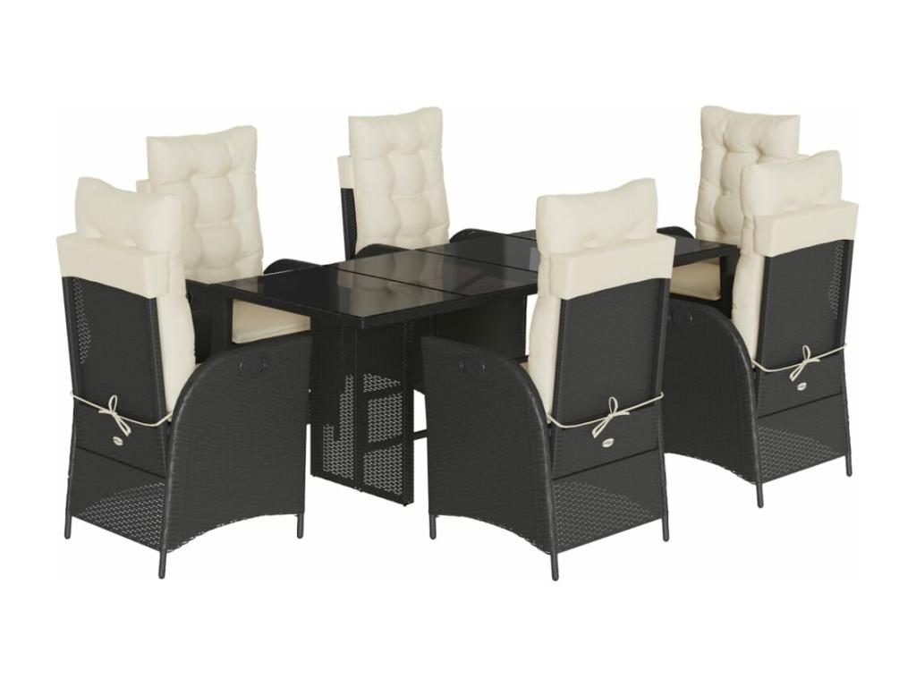 7-Piece Garden Dining Set with Cushions, Black Wicker Resin MRPY77743