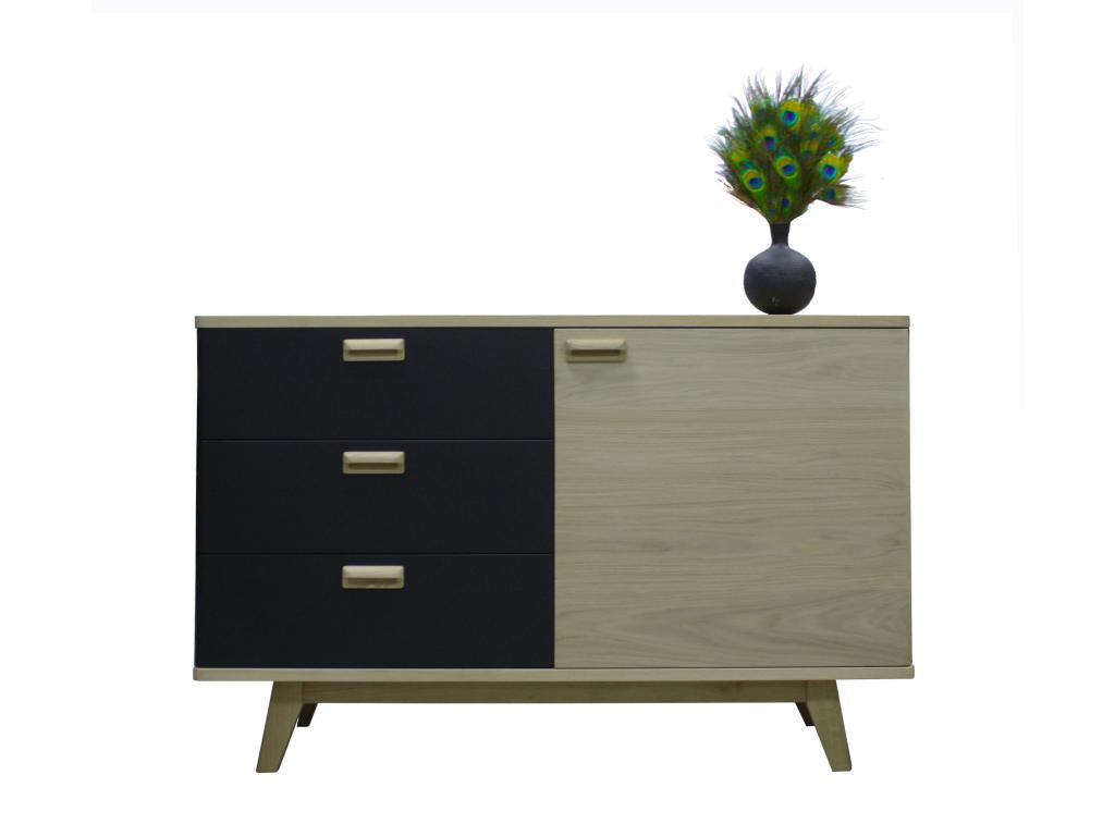 Solid oak and lacquered sideboard with 3 drawers and 1 door - 130W x 48D UVHF12344
