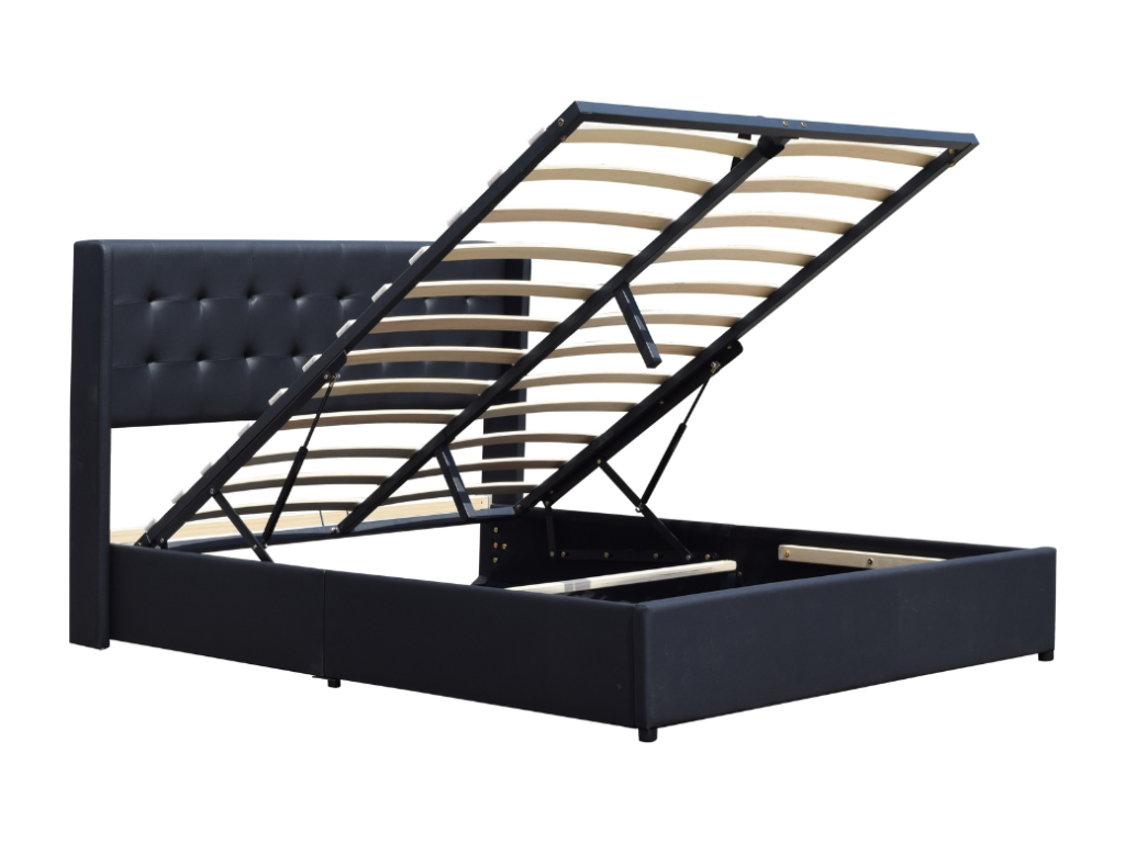 Black 140x190 cm storage bed with removable cover and upholstered headboard - Nobellea - quick assembly - easy-care PVC faux leather upholstery EOGO04679