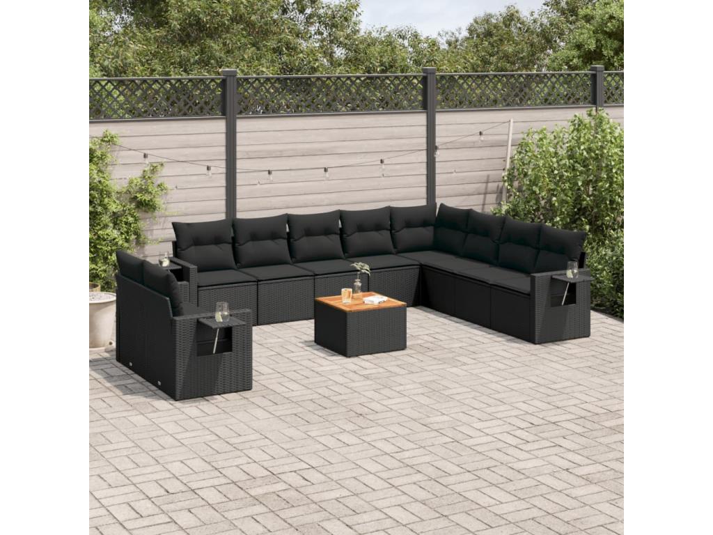 11-piece garden furniture set with cushions, black woven resin NRJU40398