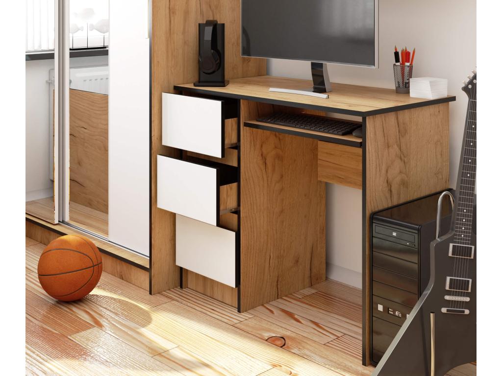 Boisona Left-Handed Computer Desk A6 Oak Craft 90cm 3 Drawers White Front 1 Shelf 90x50x77cm ZPMP43305