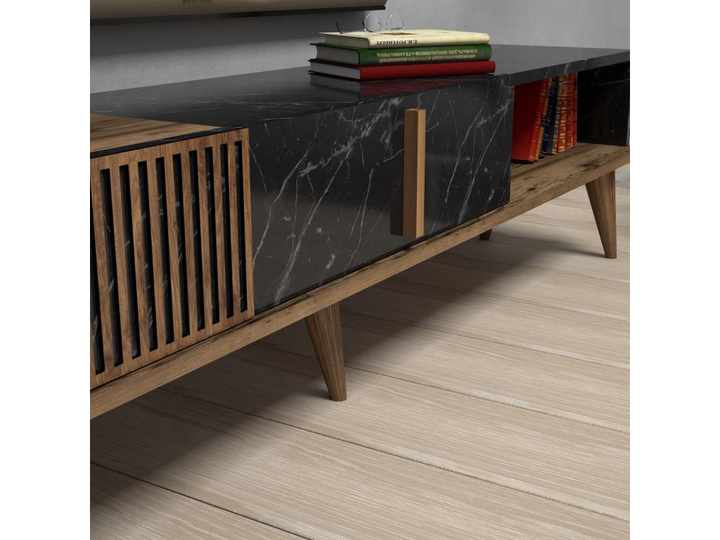 Nobellea TV stand with 2 doors and 1 shelf, 180cm, Dark wood and Black marble effect, WTAU21129