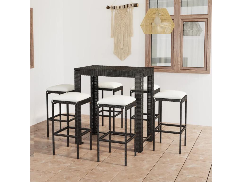 7-piece garden bar set and cushions, black woven resin LMKY49266