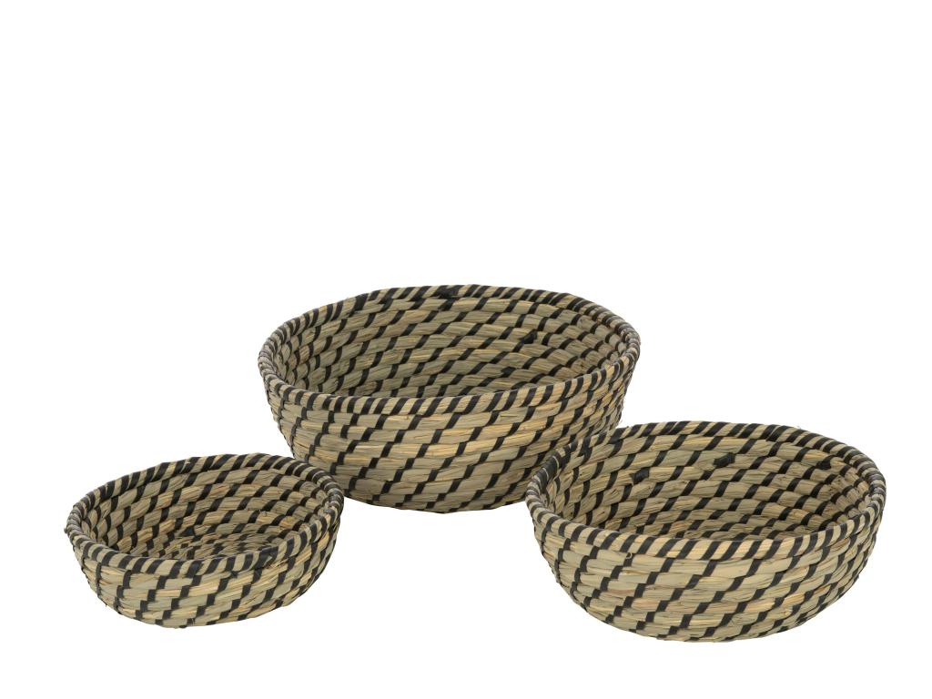Set of 3 round straw baskets, natural/black, 32x32x12cm XAMX21484