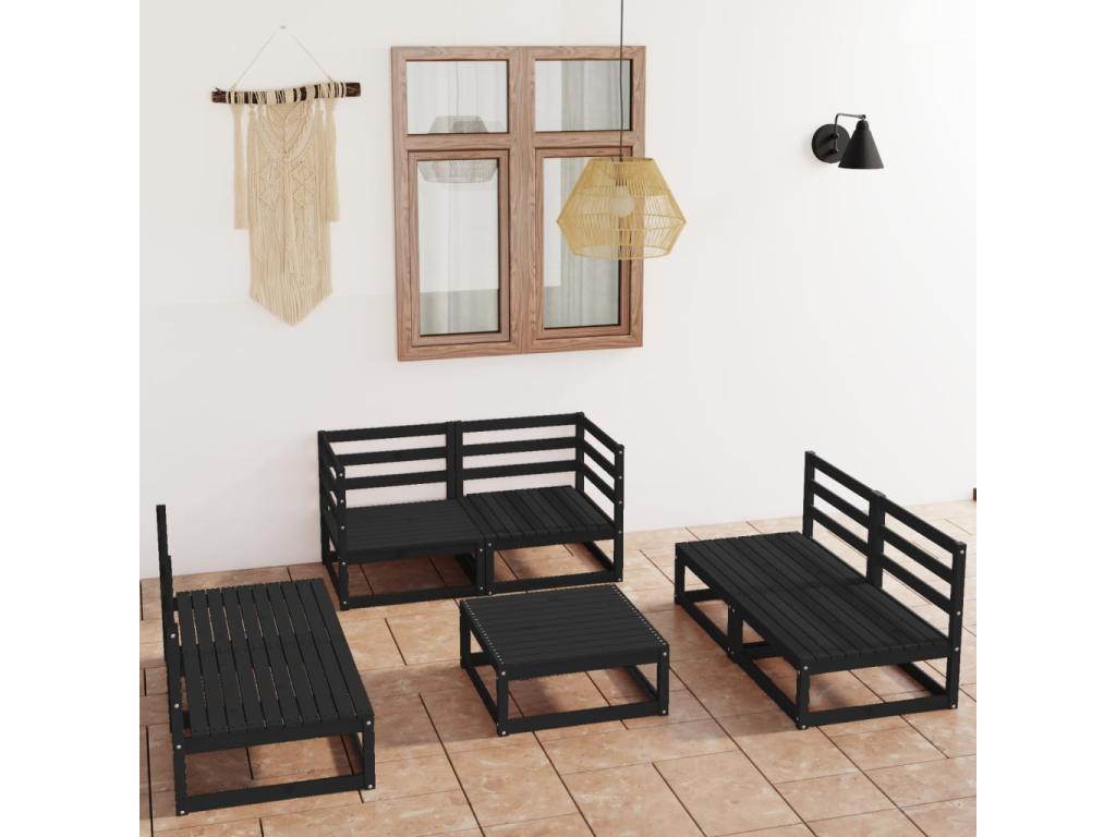 7-piece black solid pine wood garden furniture set RBAD64810