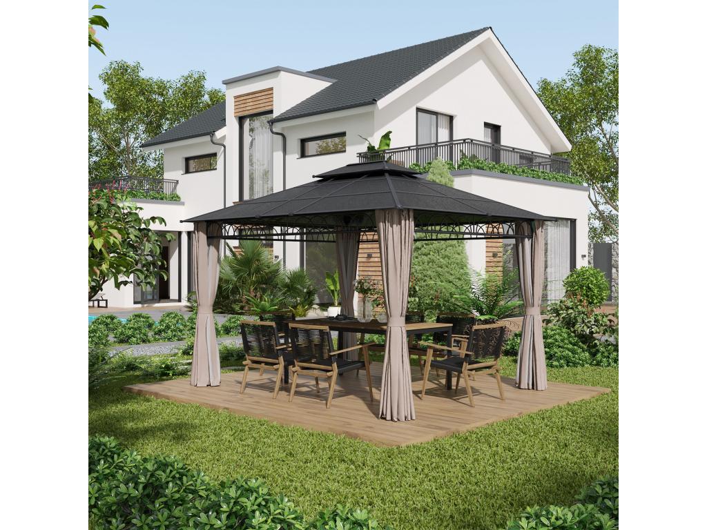 Garden pavilion, rigid pergola, dimensions: 3.6L x 3W x 2.78H m, UV-resistant side curtains, grey frame, black polycarbonate roof, IRJJ73513