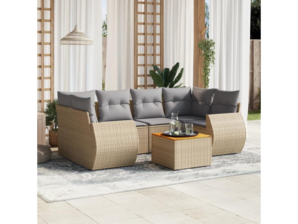 7-piece garden furniture set with cushions, beige woven resin LOUO26382
