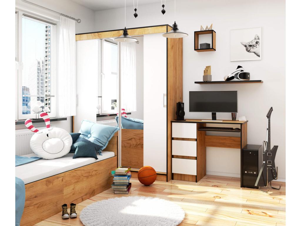 Boisona Left-Handed Computer Desk A6 Oak Craft 90cm 3 Drawers White Front 1 Shelf 90x50x77cm ZPMP43305