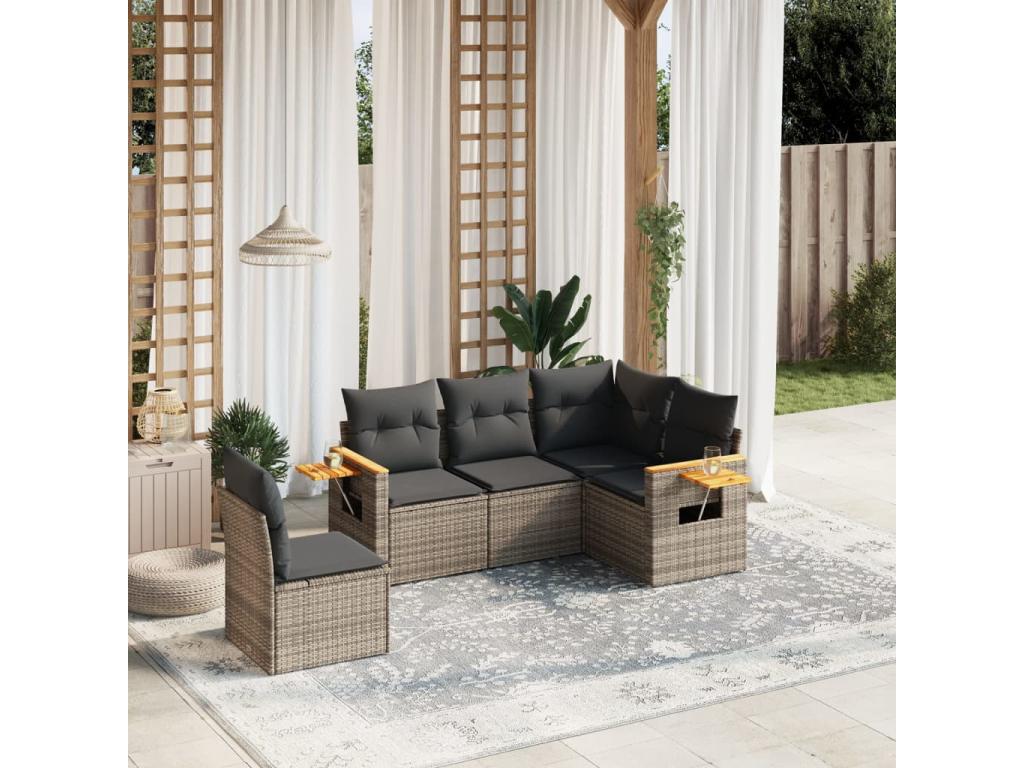 5-piece garden furniture set with grey resin wicker cushions ETIU04335