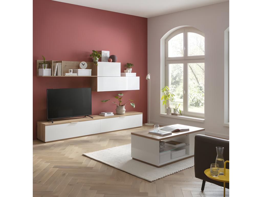 Asymmetrical wall shelf 270 cm, white lacquered oak finish - Boisona GTVZ64283