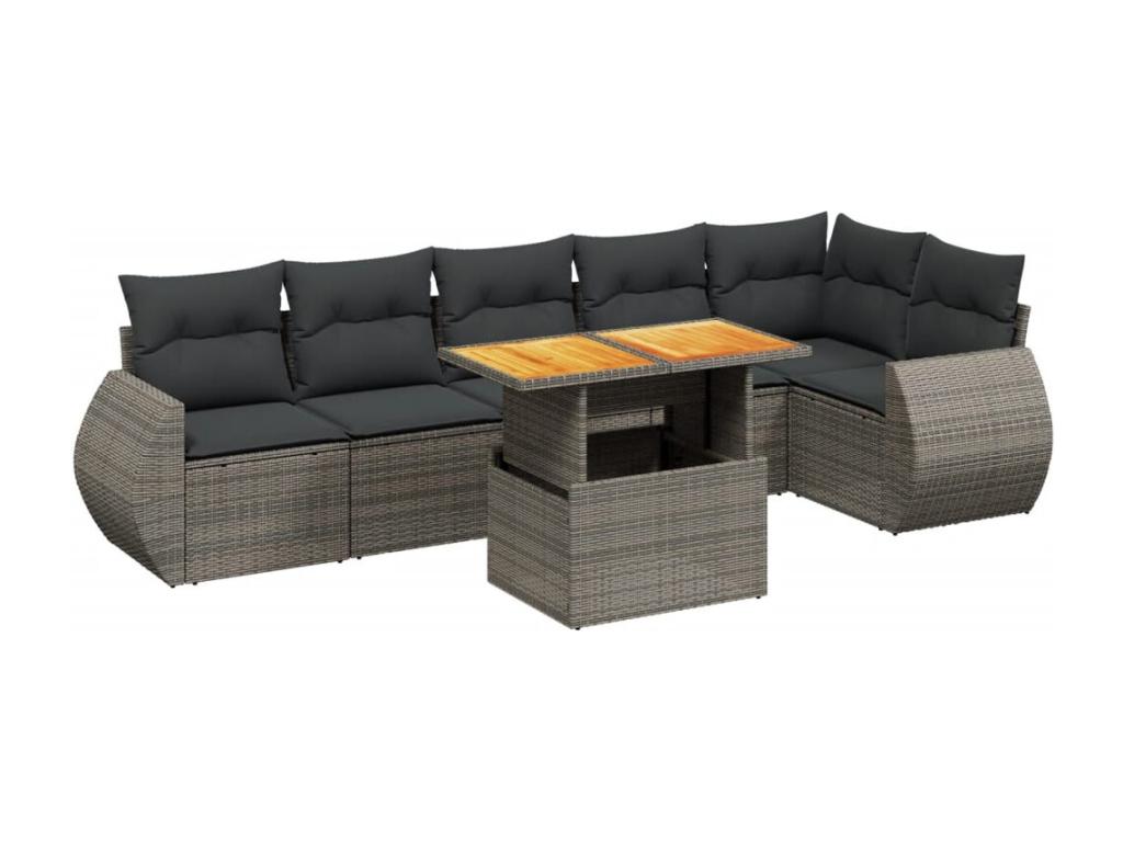 Garden furniture set with cushions, 7 pieces, grey woven resin, IATR35548