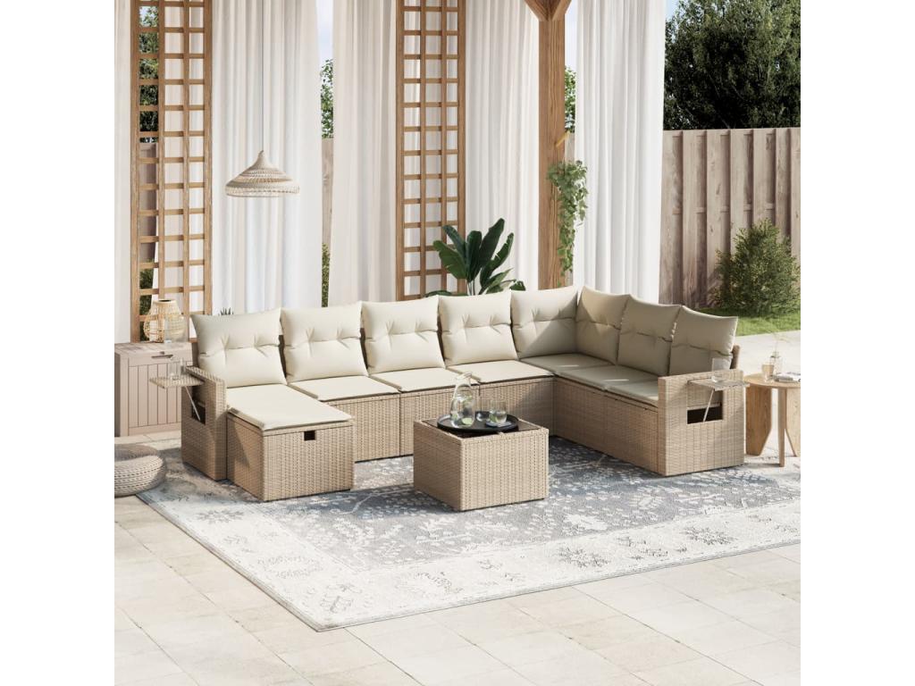 9-piece garden furniture set with cushions, beige woven resin GFDV19711