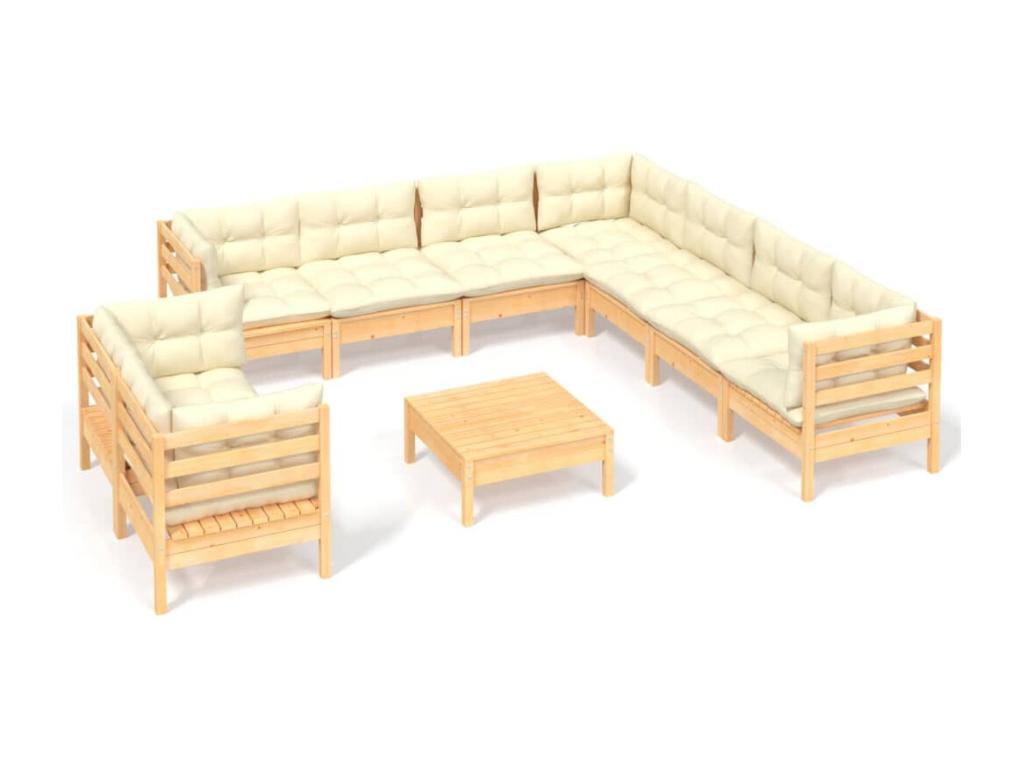 10-piece garden furniture set with cream cushions, solid pine wood, 4 YRGW56247