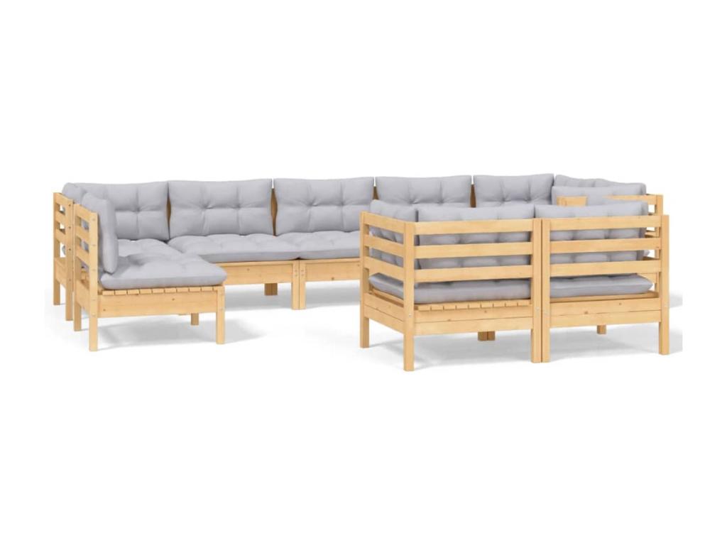 9-piece garden furniture set with grey cushions, solid pine wood PRQW23743