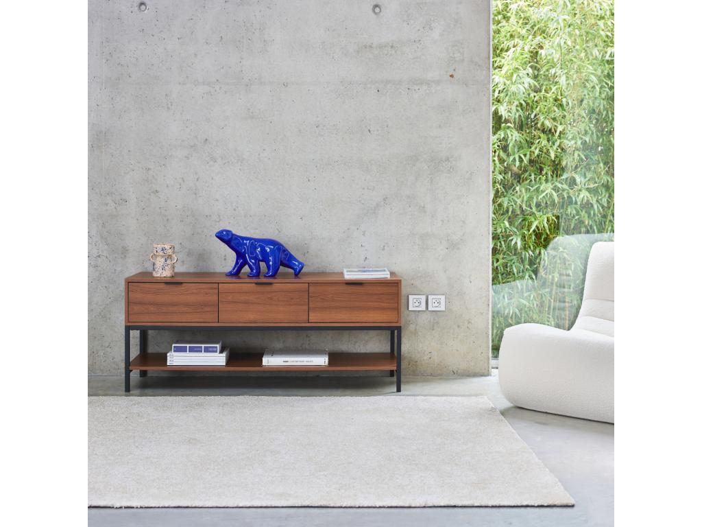 TV stand in walnut finish, 130cm wide, with black metal legs and handles - 3 drawers and 1 lower shelf DCHI98166